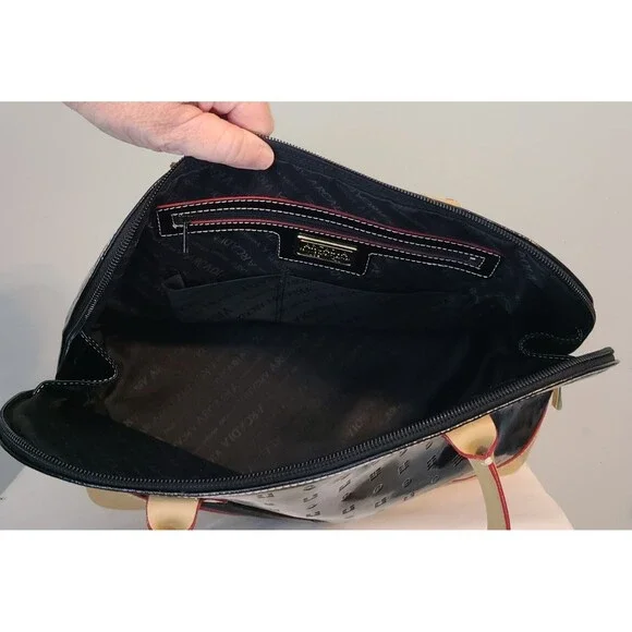 Arcadia Italian Bugatti Black Patent Leather Satchel Dome Handbag Tan & Red Trim - Picture 7 of 12